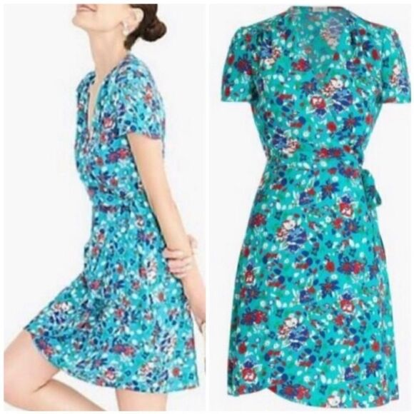 J CREW Teal Green Floral Print Crepe Wrap Dress Size 2 - Picture 1 of 16